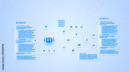 AI workflow automation artificial intelligence. ai agent workflow node diagram architecture data processing system, coding panels and automation flow.