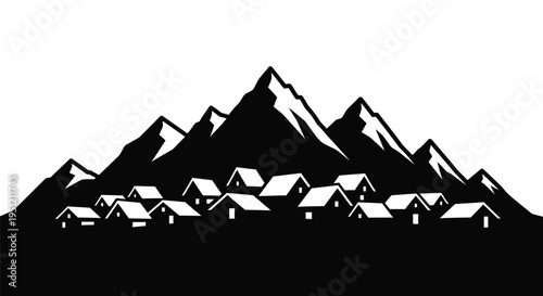 A simplified black and white illustration of a mountain village scene