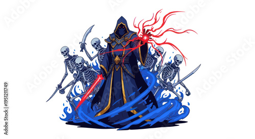 Mysterious Mage Conjures Skeletons with Red Energy, Dark Fantasy Art