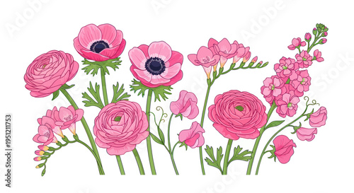 Pink Ranunculus, Anemone, Freesia, and Sweet Pea Flowers Arrangement