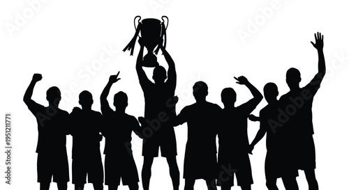 Silhouette of a winning sports team celebrating with a trophy