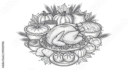Thanksgiving Dinner Feast Illustration: Roast Turkey, Pie, Pumpkins, and Grains