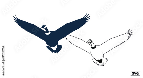 Two geese flying in silhouette, one filled, one outline, on white background