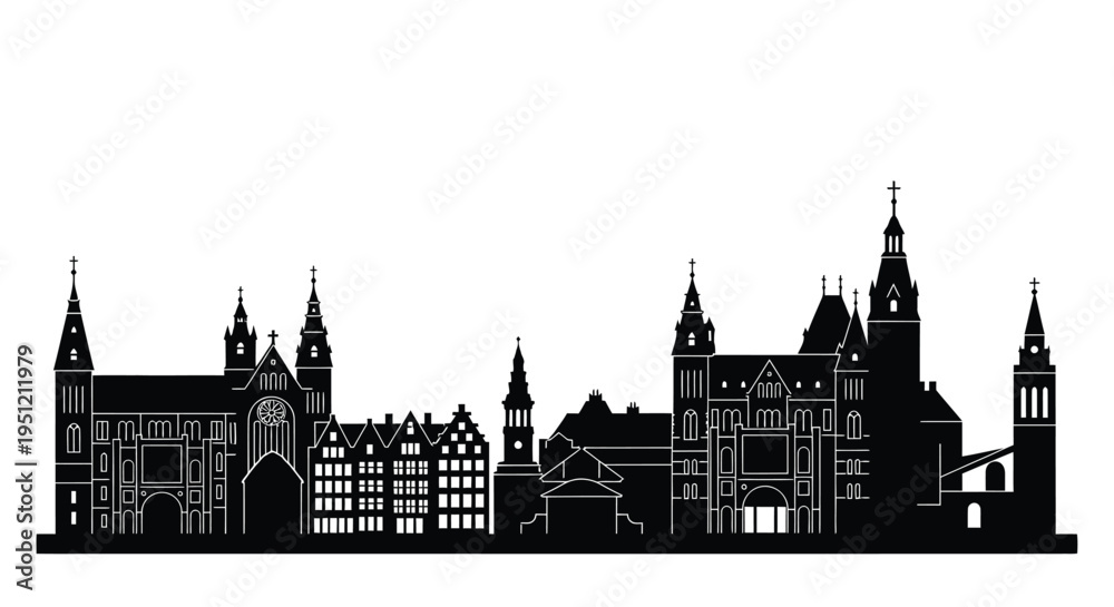 Fototapeta premium Black silhouette of a european city skyline with ornate architecture