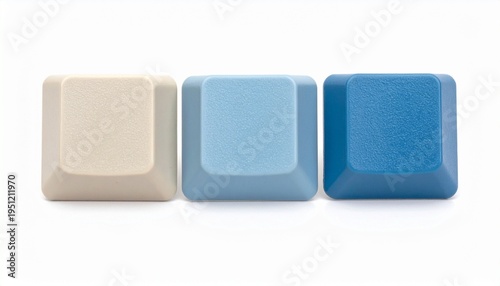 Three blank keycaps , beige and blue keyboard buttons for customization and design projects isolated on white