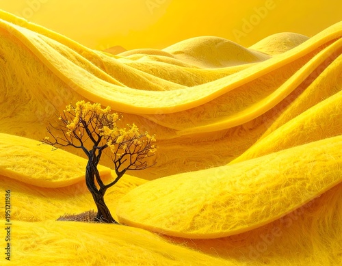 An abstract landscape dominated by vibrant yellow, featuring flowing textures and a solitary tree