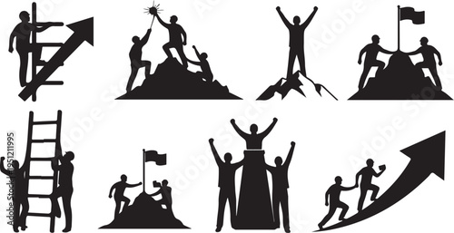 Silhouettes of People Achieving Success and Reaching Goals Together
