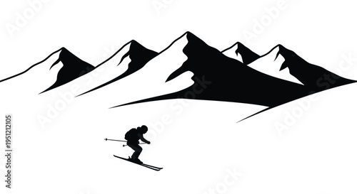 A silhouetted skier descends a mountain slope against a stark background