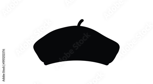 A simple black silhouette of a classic beret hat on white