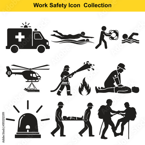 Work Safety Icon Collection Featuring Emergency Response Rescue Operations Firefighting First Aid Ambulance Helicopter Evacuation Lifesaving Procedures Industrial Protection Risk Prevention Hazard Awa