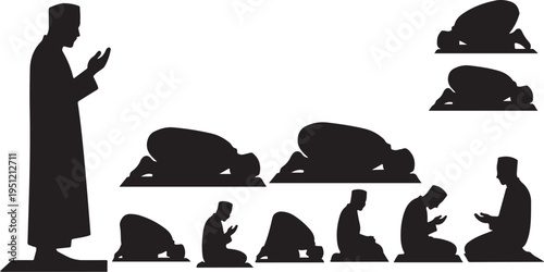 Silhouette of Muslims praying in different positions and postures