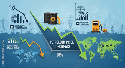 Petroleum Price Decrease Illustration with Charts and Global Map.