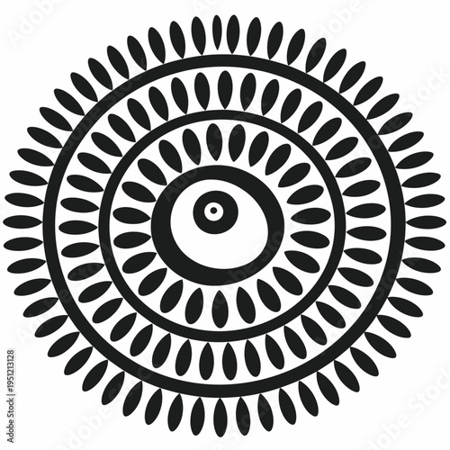 Ancient geometric spiral pattern with concentric circles and symbolic eye motif isolated on white background, Vector, illustration