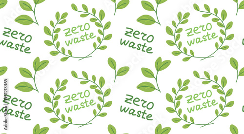 Zero waste seamless pattern with green leaves and text for eco friendly wrapping paper