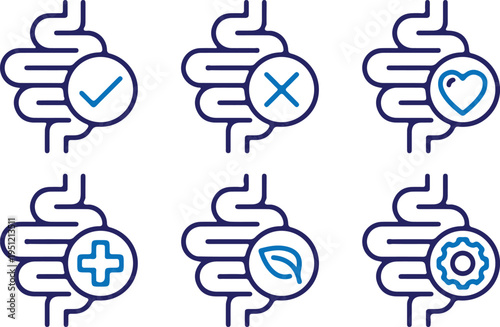 hand drawn digestive health intestine stomach bule line icon set vector illustration design collection design 