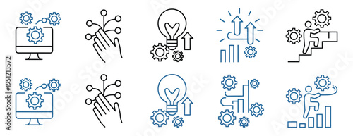 Strategic evolution icon set, icons for digital transformation, technological growth, evolution, continuous improvement