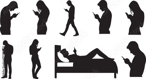Silhouettes of people using smartphones in various daily settings
