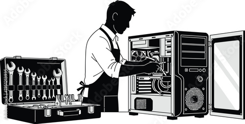 Computer technician repairing desktop PC hardware maintenance technology service engineer fixing system with tools vector silhouette illustration