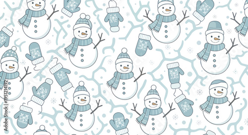 Cute Snowman Pattern with Mittens and Snowflakes - Winter Holiday Seamless Background