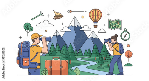 Two hikers exploring mountains with binoculars and map.