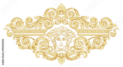 Ornate Golden Medusa Head Baroque Scrollwork Emblem