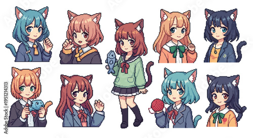 Pixel Art Anime Cat Girls Collection - Cute Characters with Various Items