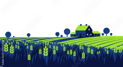 Stylized Farmhouse and Wheat Field Illustration with Green and Blue Tones