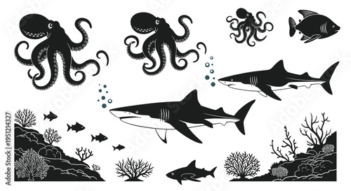 Underwater Wildlife: Sharks, Octopuses, Fish, and Coral Reef Illustrations