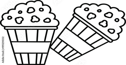 Two cartoon style illustrations of popcorn buckets with overflowing fluffy popcorn