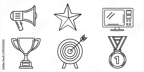 Benefit set of web icons line style, achievement, benefit set, award, illustration, vector, white background editable stroke.