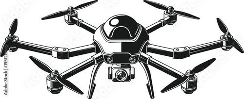 "Detailed black and white illustration of modern hexacopter drone with six rotors, dome body, mounted camera, and mechanical design, symbolizing aerial photography, surveillance, robotics, and 