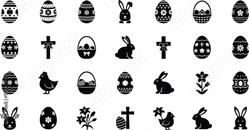 Black Easter icons set with eggs bunnies crosses and flowers