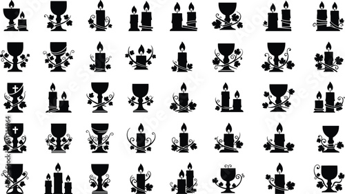 Black silhouettes of chalices and candles with floral decorations