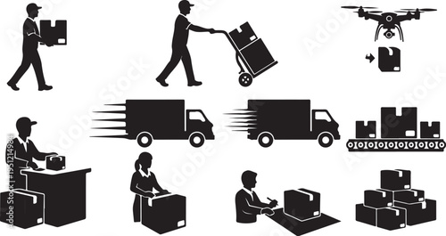 Logistics and Delivery Services in Action Silhouette Vector Icons