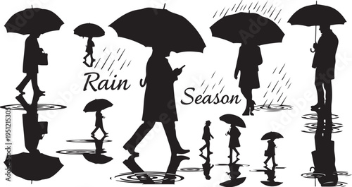 People walking in rain with umbrellas silhouettes illustration