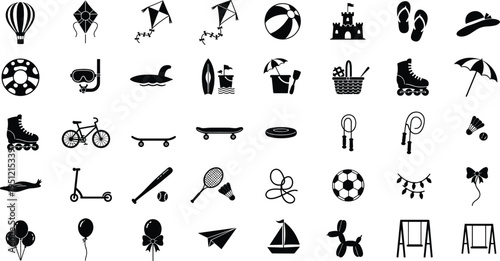 Collection of black icons for summer fun and leisure activities