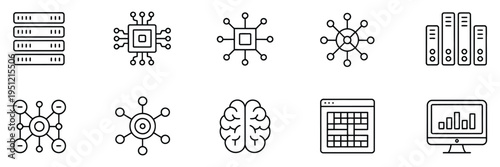 Supercluster and hyperscale data center icons, scalable vector set representing AI research, high-performance computing clusters