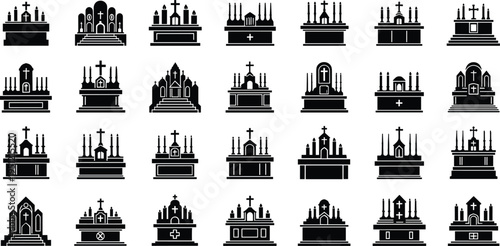 Collection of church and altar silhouettes with crosses and candles