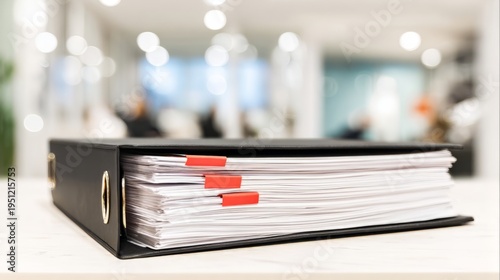 Black binder with organized papers and red paper clips on table. Office storage system for document management. Corporate paperwork archive and business record organization in light room.