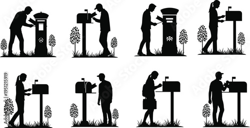 People sending letters in mailbox postal service communication mail delivery concept silhouette vector illustration set