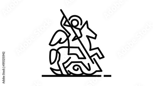 Saint George on horseback destroys the dragon, black isolated silhouette