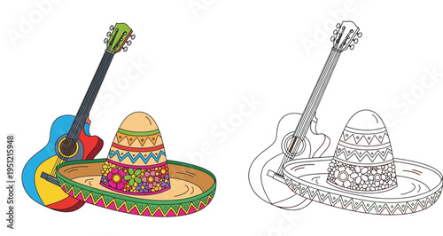 Colorful Mexican Sombrero and Acoustic Guitar with Black and White Line Art Coloring Page Vector Illustration for Fiesta or Cinco de Mayo