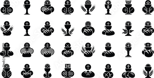 Eucharist and communion symbols with chalices and bread