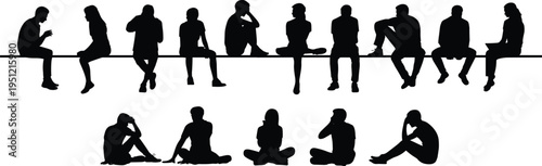 Silhouettes of People Sitting and Standing on a Horizontal Line and on the Ground group