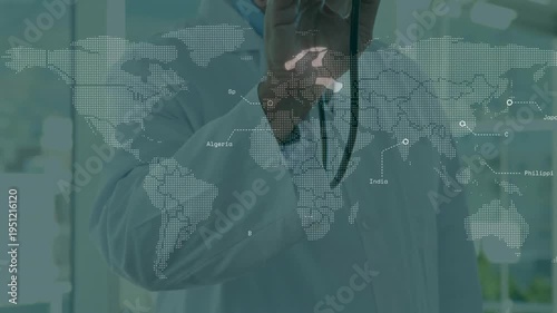 Map lighting South America as doctor raising stethoscope, rotating forward, showing global health