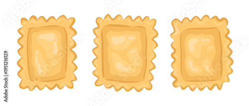 Ravioli pasta set top view vector hand drawn illustration. Italian food cartoon drawing for menu and restaurant template. Isolated rectangular ingredient for culinary graphic shape or product design.