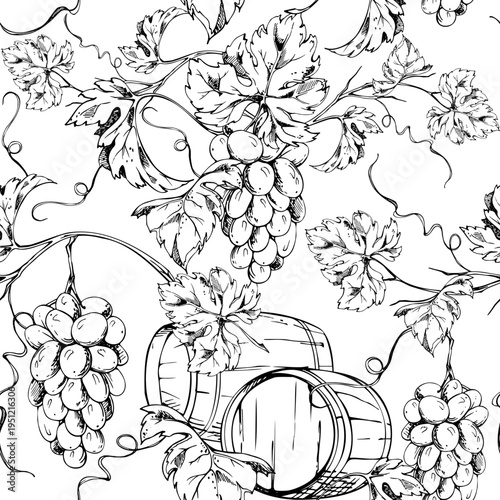 Wine cellar storage and viticulture wooden barrel kegs, ripe grapes on leafy vines. Seamless pattern hand drawn in ink, seamless vector illustration. Branding backgrounds, stationery, fabric prints.