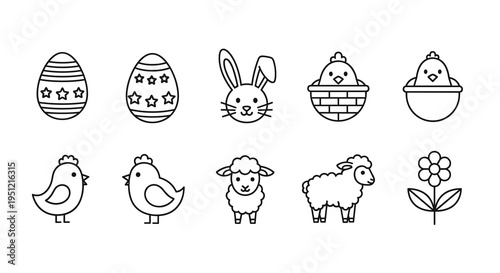 Festive Easter Line Art Icons: Celebratory Springtime Easter Symbols - Egg Hunt, Cute Bunny, Baby Chick, Lamb, Spring Flower in Delicate Outline Style, Ideal for Easter Greetings, Invitations, Kids Cr
