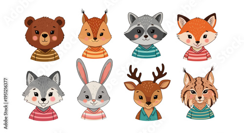 Adorable Forest Animal Portraits: Cute Wildlife Characters Wearing Striped Shirts Set Against White Background, Ideal for Children's Illustrations, Educational Materials, Woodland Themes, and Vector G