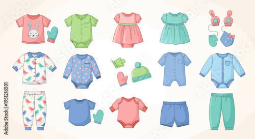 Adorable Baby Clothes Collection: Newborn Apparel for Infants & Toddlers on Display, Layette Essentials for Early Childhood Fashion, Baby Shower Gifts & Boutique Items, Cartoon Style with Soft Pastel